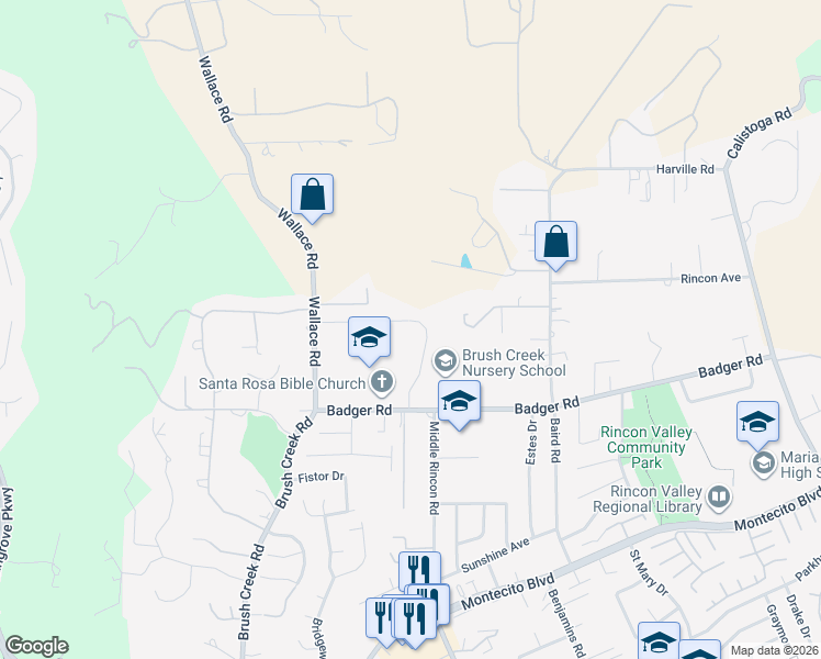 map of restaurants, bars, coffee shops, grocery stores, and more near 3462 Anderson Drive in Santa Rosa