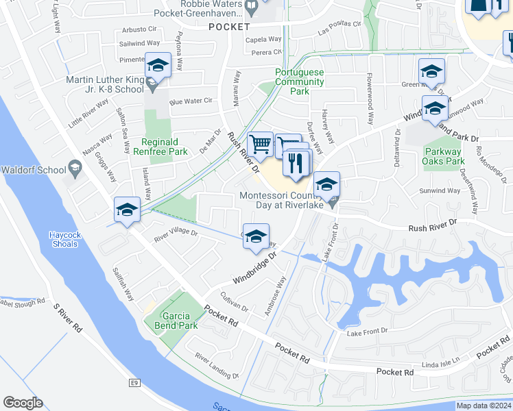 map of restaurants, bars, coffee shops, grocery stores, and more near 54 Lanyard Court in Sacramento