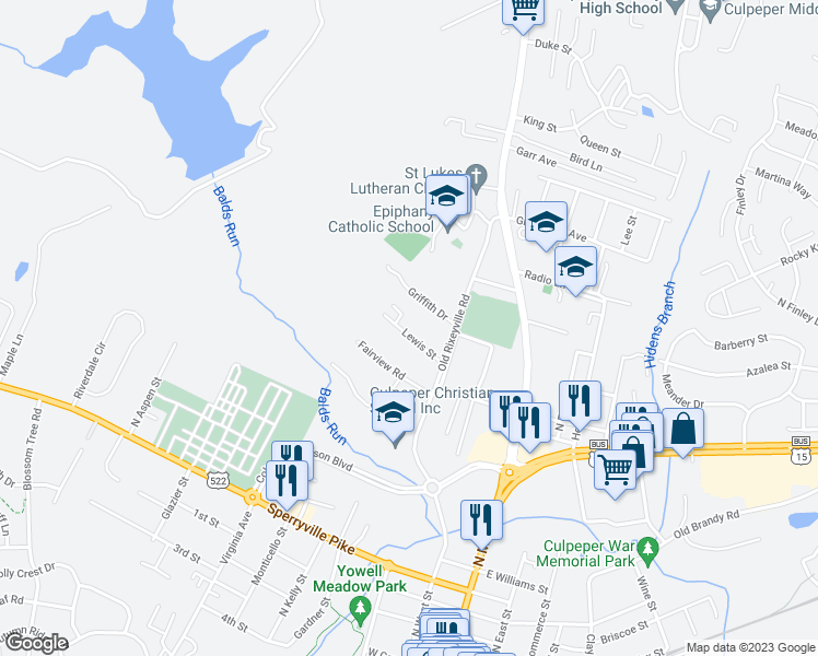 map of restaurants, bars, coffee shops, grocery stores, and more near 326 Lewis Street in Culpeper