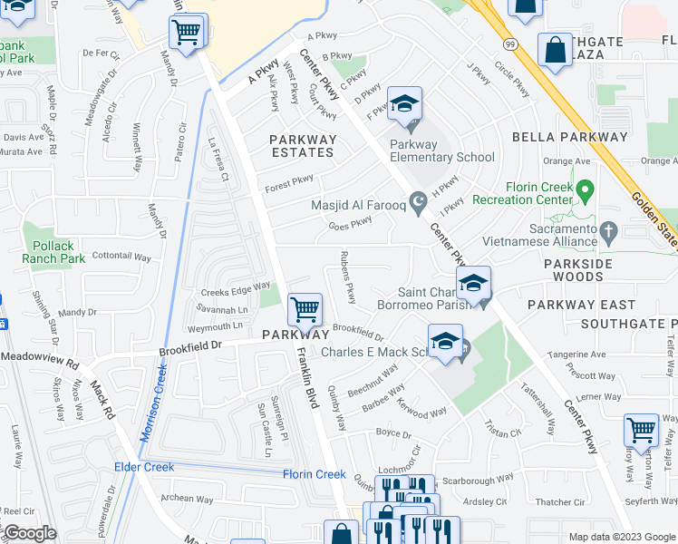 map of restaurants, bars, coffee shops, grocery stores, and more near 7508 Rubens Parkway in Sacramento