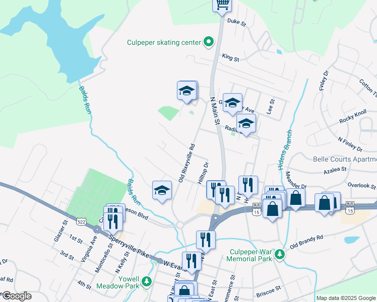 map of restaurants, bars, coffee shops, grocery stores, and more near 1102 Old Rixeyville Road in Culpeper