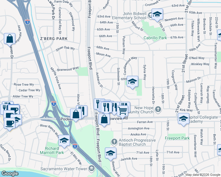 map of restaurants, bars, coffee shops, grocery stores, and more near 7520 Handly Way in Sacramento
