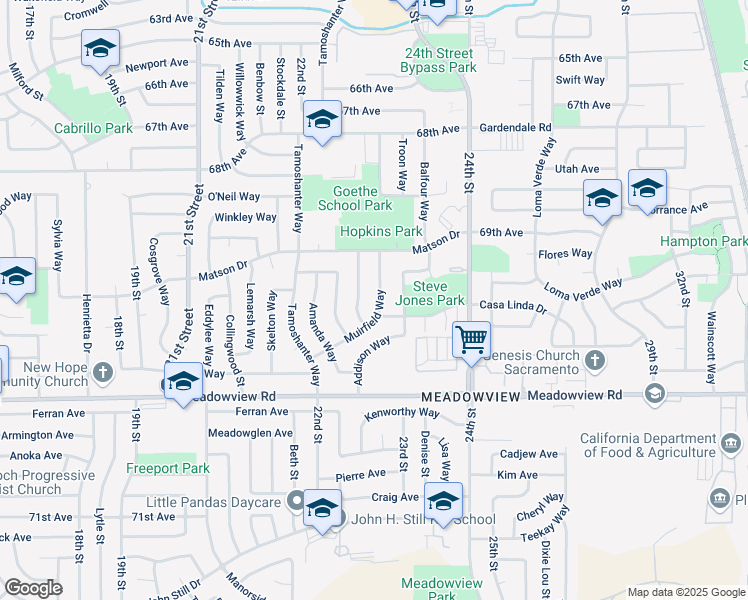 map of restaurants, bars, coffee shops, grocery stores, and more near 7556 Brownwood Way in Sacramento