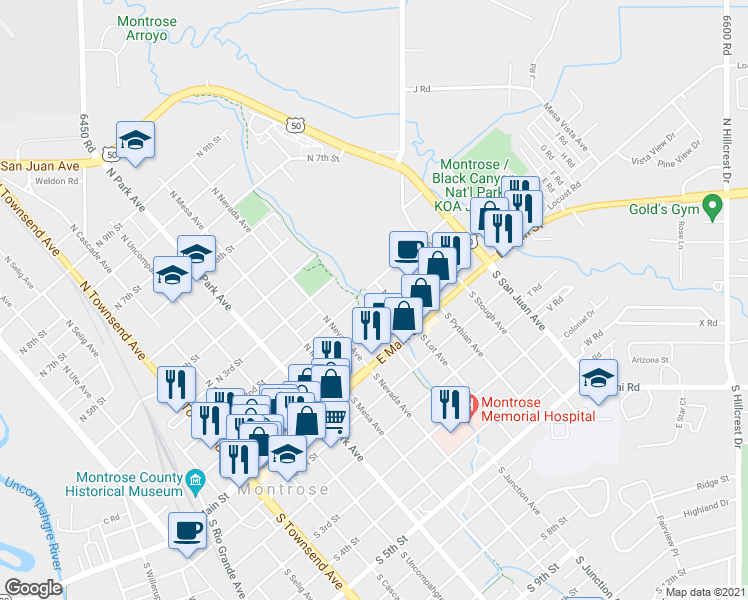 map of restaurants, bars, coffee shops, grocery stores, and more near 119 North Lot Avenue in Montrose