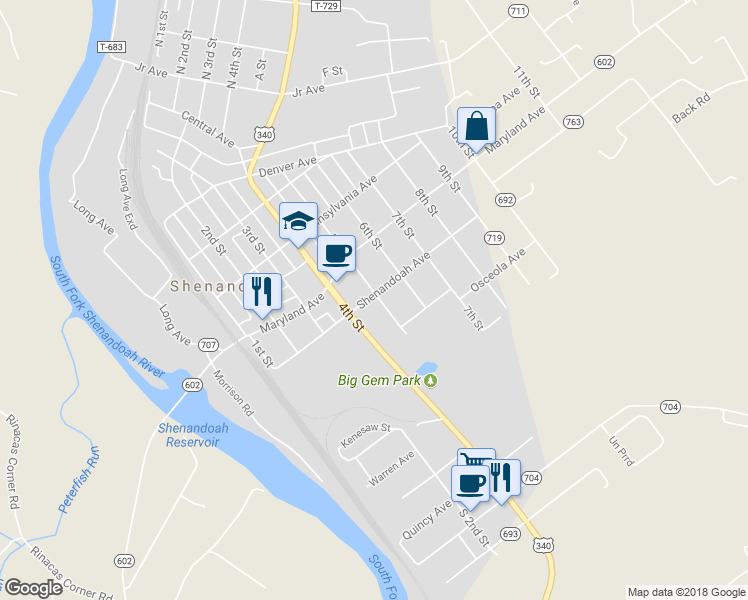 map of restaurants, bars, coffee shops, grocery stores, and more near 701 5th Street in Shenandoah
