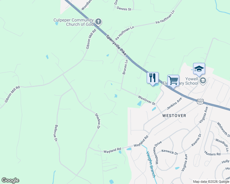 map of restaurants, bars, coffee shops, grocery stores, and more near 16008 Bruces Lane in Culpeper