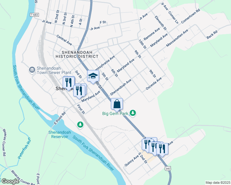 map of restaurants, bars, coffee shops, grocery stores, and more near 701 5th Street in Shenandoah