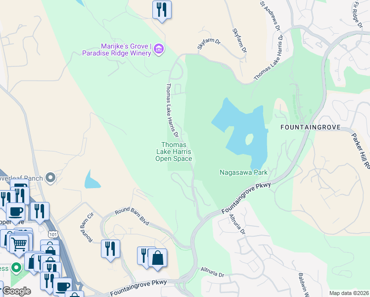 map of restaurants, bars, coffee shops, grocery stores, and more near 4166 Thomas Lake Harris Drive in Santa Rosa