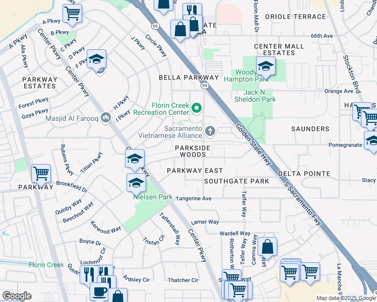 map of restaurants, bars, coffee shops, grocery stores, and more near 7513 Soules Way in Sacramento
