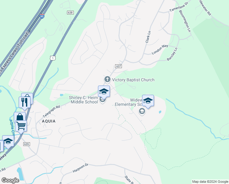map of restaurants, bars, coffee shops, grocery stores, and more near 26 Den Rich Road in Stafford