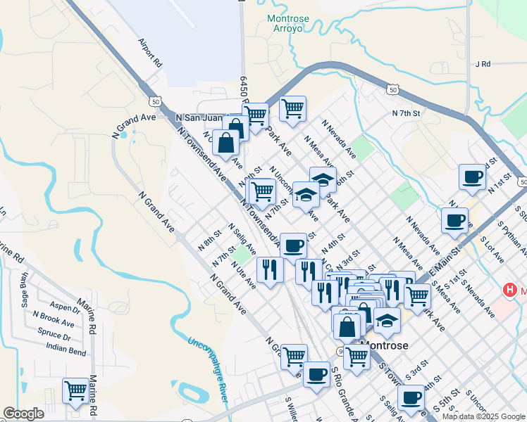 map of restaurants, bars, coffee shops, grocery stores, and more near 610 N Townsend Ave in Montrose