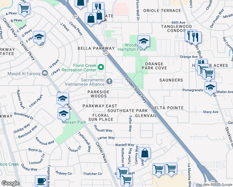 map of restaurants, bars, coffee shops, grocery stores, and more near 5753 Pomegranate Avenue in Sacramento