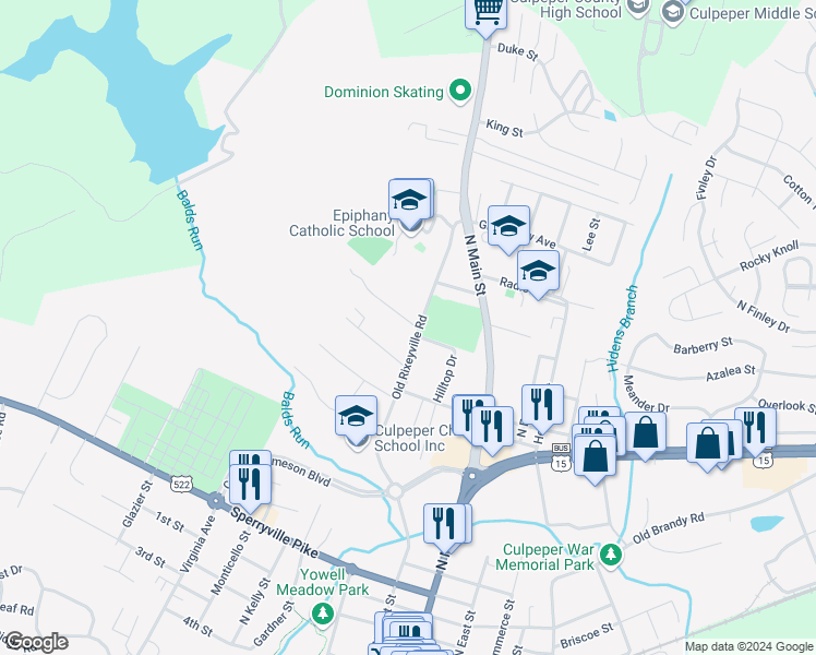 map of restaurants, bars, coffee shops, grocery stores, and more near 1102 Old Rixeyville Road in Culpeper