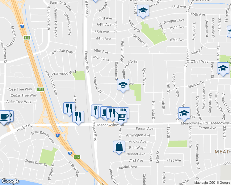 map of restaurants, bars, coffee shops, grocery stores, and more near 7520 Schreiner Street in Sacramento