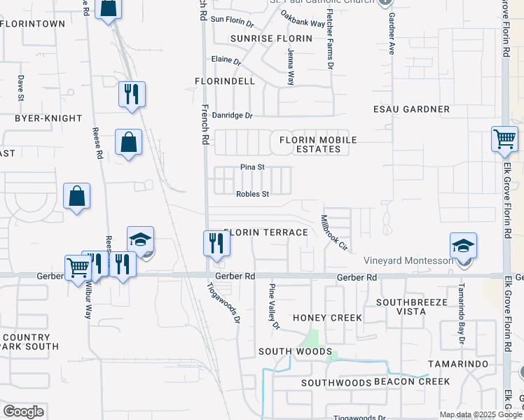 map of restaurants, bars, coffee shops, grocery stores, and more near 46 Robles Street in Sacramento