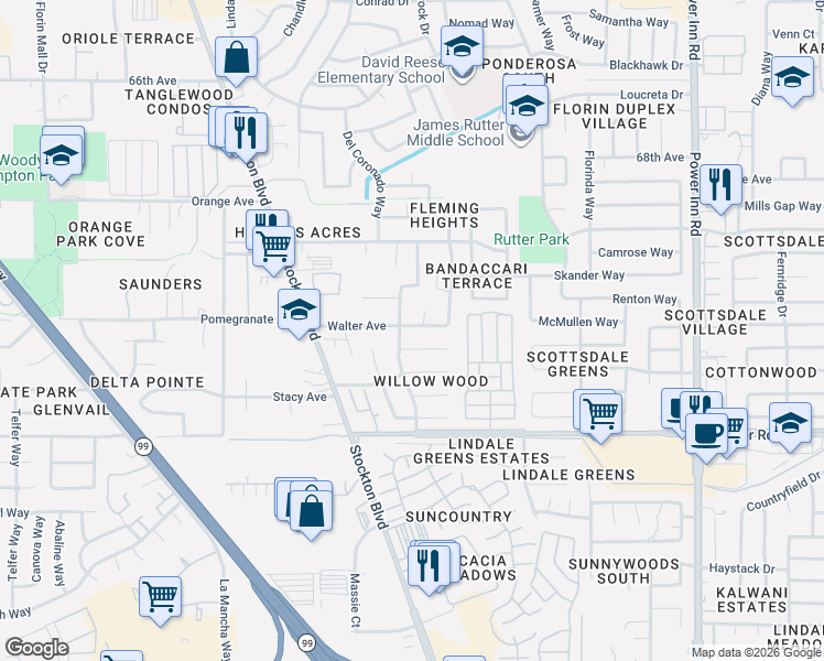 map of restaurants, bars, coffee shops, grocery stores, and more near 7028 Glen Rachael Court in Sacramento