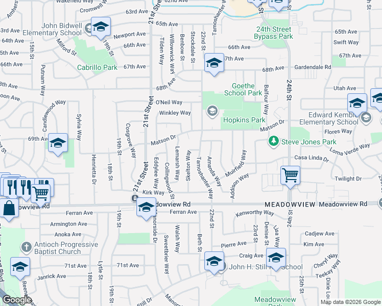 map of restaurants, bars, coffee shops, grocery stores, and more near 7516 Tamoshanter Way in Sacramento
