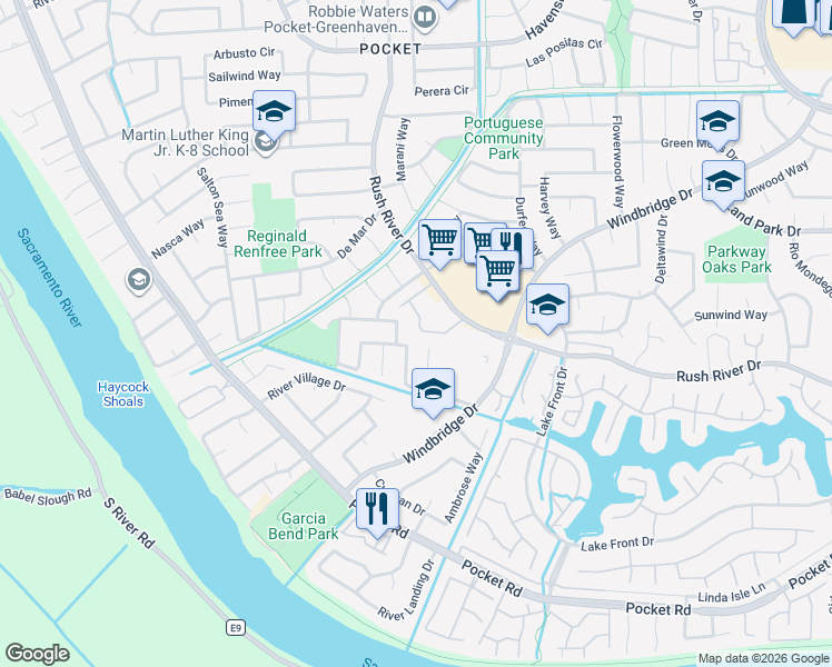 map of restaurants, bars, coffee shops, grocery stores, and more near 653 Coriander Way in Sacramento