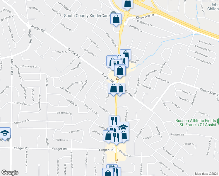 map of restaurants, bars, coffee shops, grocery stores, and more near 2 Wallford Walk in St. Louis