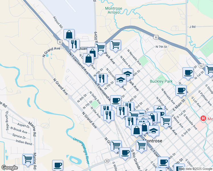 map of restaurants, bars, coffee shops, grocery stores, and more near 700 North Cascade Avenue in Montrose