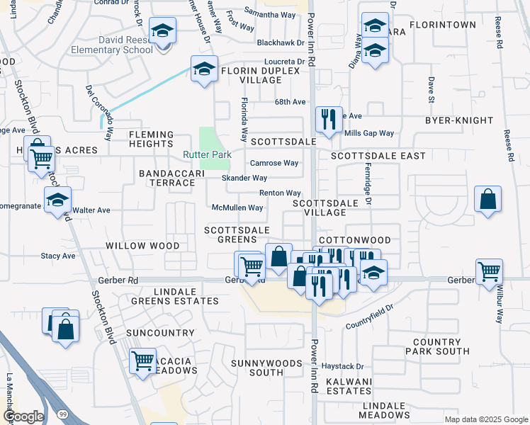 map of restaurants, bars, coffee shops, grocery stores, and more near 7728 McMullen Way in Sacramento