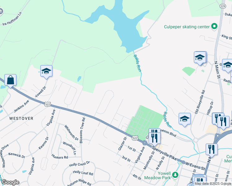 map of restaurants, bars, coffee shops, grocery stores, and more near 970 Riverdale Circle in Culpeper