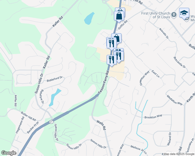 map of restaurants, bars, coffee shops, grocery stores, and more near 5115 Scenic Ridge Drive in St. Louis