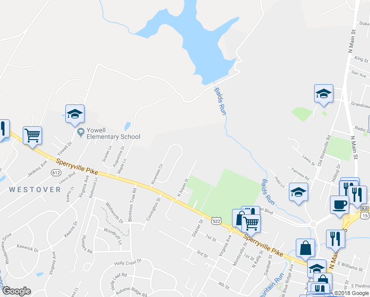map of restaurants, bars, coffee shops, grocery stores, and more near 970 Riverdale Circle in Culpeper