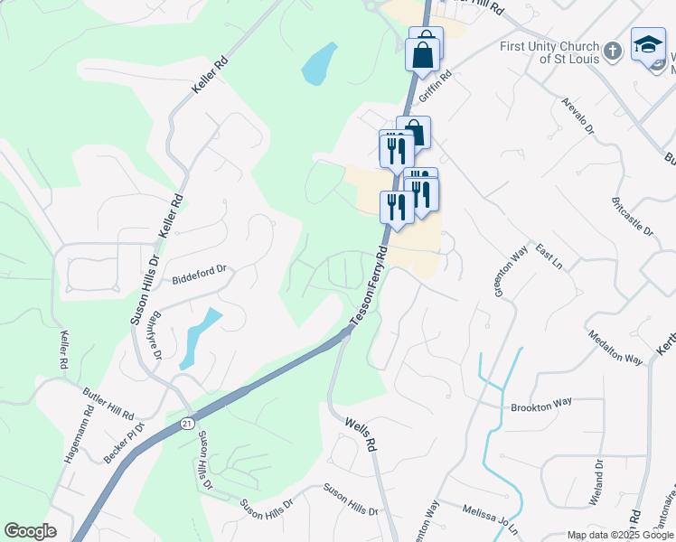 map of restaurants, bars, coffee shops, grocery stores, and more near 5115 Scenic Ridge Drive in St. Louis