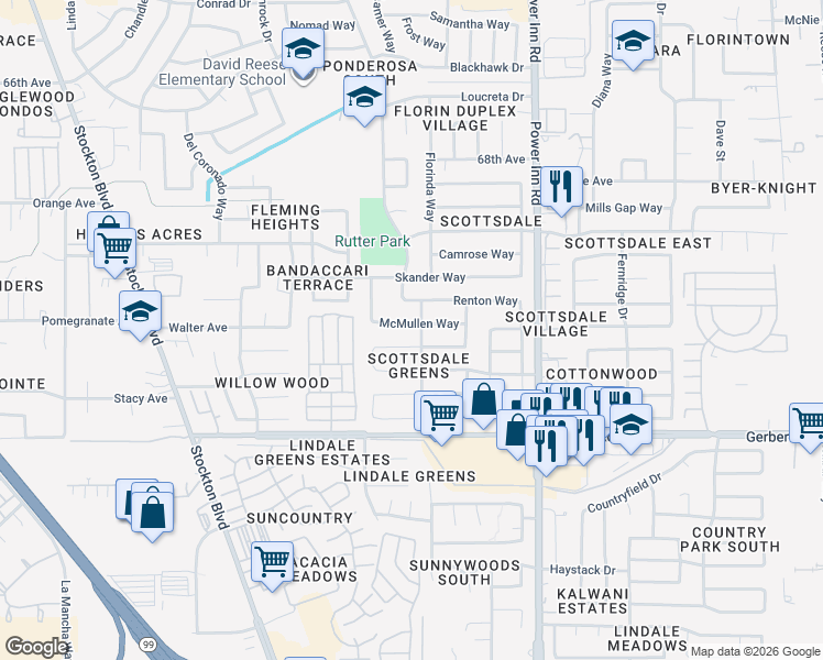 map of restaurants, bars, coffee shops, grocery stores, and more near 7704 Renton Way in Sacramento