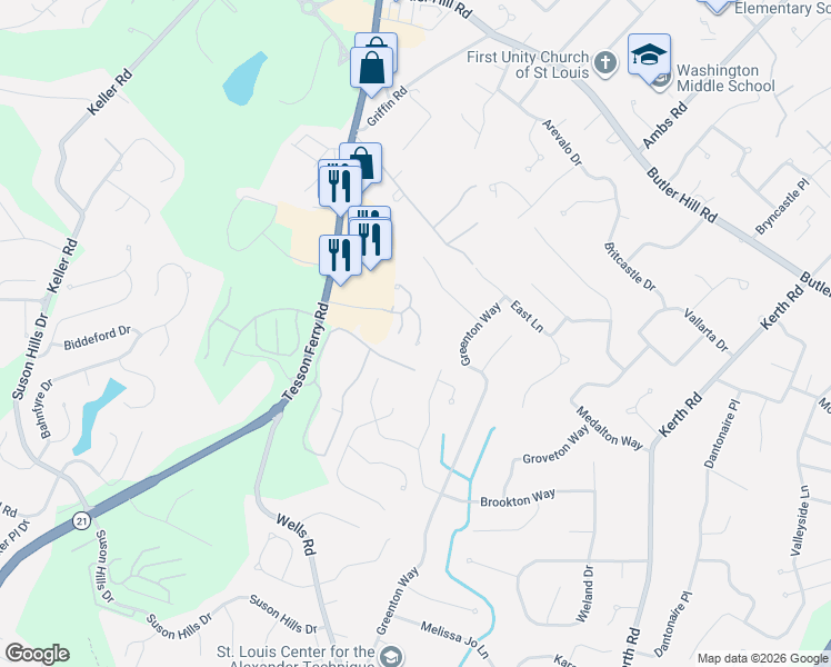 map of restaurants, bars, coffee shops, grocery stores, and more near 5428 Village Courtway Lane in St. Louis