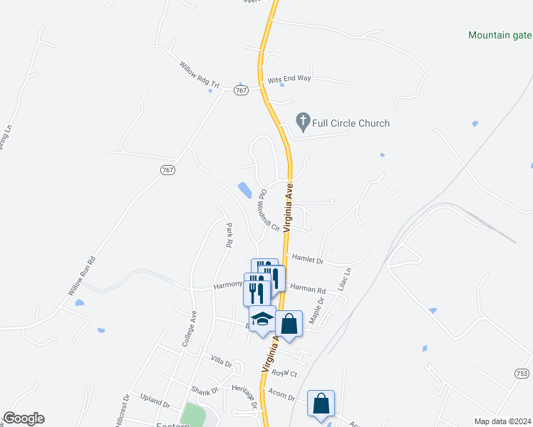 map of restaurants, bars, coffee shops, grocery stores, and more near 1230 Old Windmill Circle in Harrisonburg