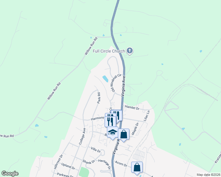 map of restaurants, bars, coffee shops, grocery stores, and more near 1231 Old Windmill Circle in Harrisonburg
