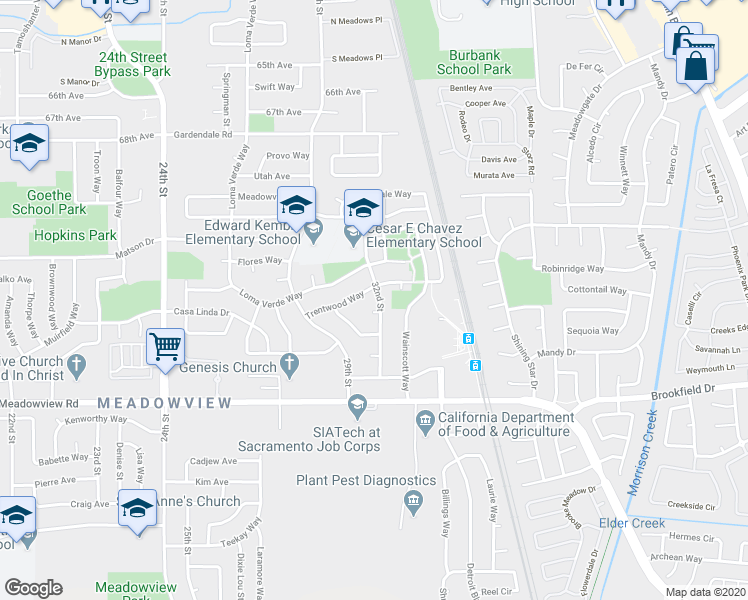 map of restaurants, bars, coffee shops, grocery stores, and more near 7532 32nd Street in Sacramento