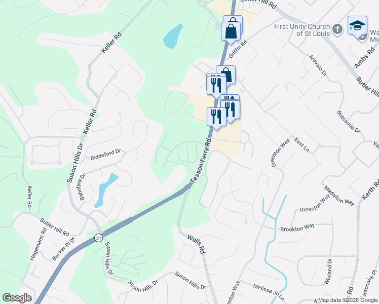 map of restaurants, bars, coffee shops, grocery stores, and more near 5115 Scenic Ridge Drive in St. Louis