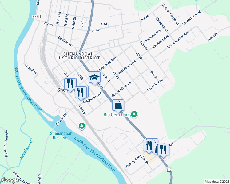 map of restaurants, bars, coffee shops, grocery stores, and more near 411 Shenandoah Avenue in Shenandoah