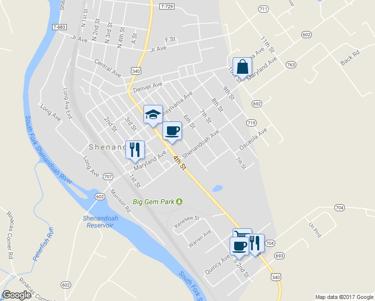 map of restaurants, bars, coffee shops, grocery stores, and more near 411 Shenandoah Avenue in Shenandoah