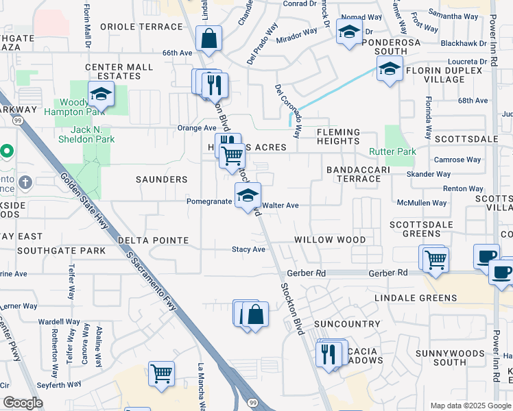 map of restaurants, bars, coffee shops, grocery stores, and more near 7501 Stockton Boulevard in Sacramento