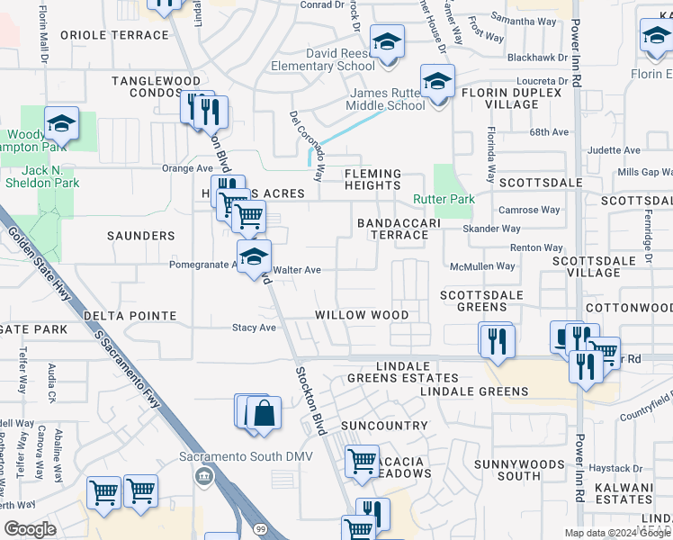 map of restaurants, bars, coffee shops, grocery stores, and more near Walter Avenue & Whisperwillow Drive in Sacramento