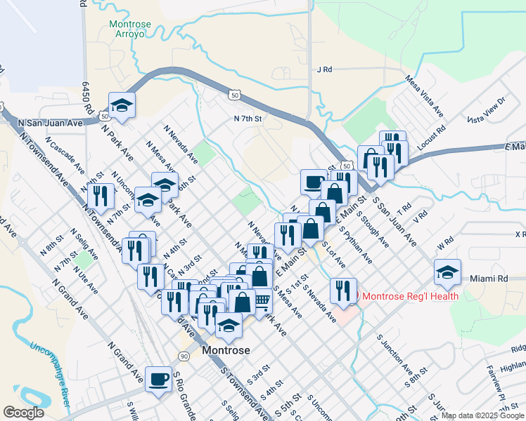 map of restaurants, bars, coffee shops, grocery stores, and more near 838 N 3rd St in Montrose