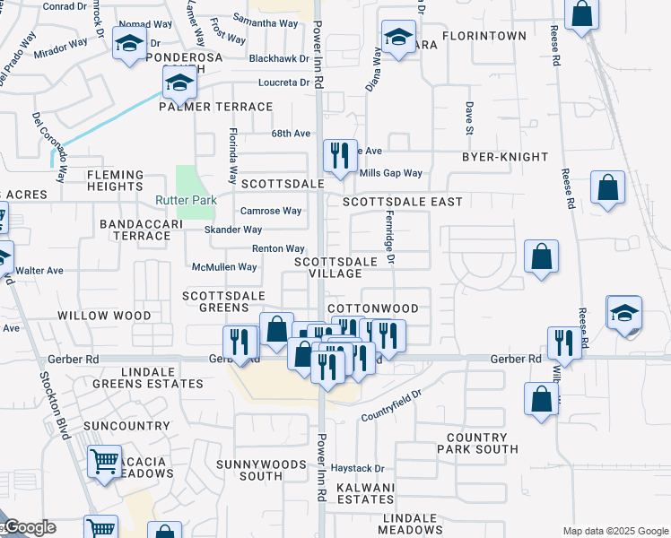 map of restaurants, bars, coffee shops, grocery stores, and more near 7459 Power Inn Road in Sacramento