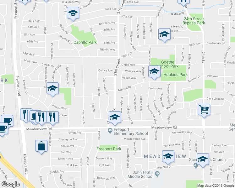map of restaurants, bars, coffee shops, grocery stores, and more near 7494 21st Street in Sacramento