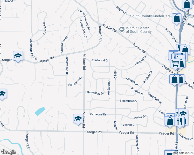 map of restaurants, bars, coffee shops, grocery stores, and more near 5104 Harthlodge Drive in St. Louis