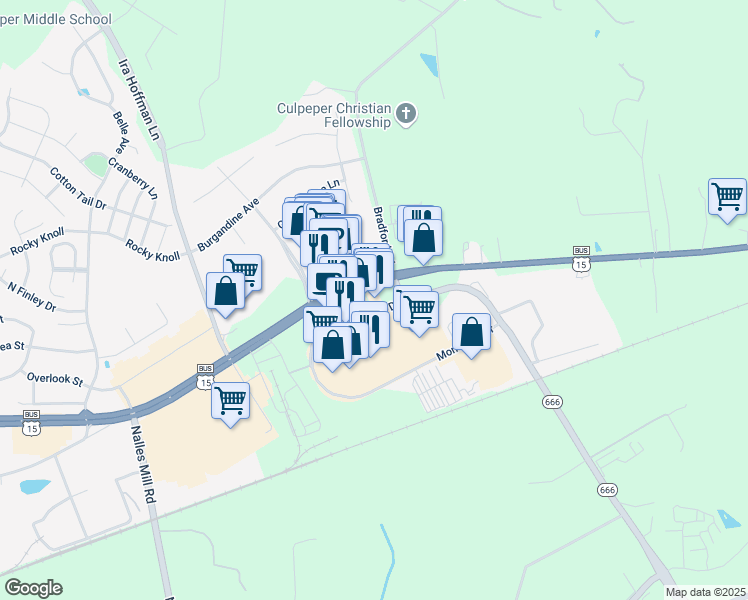 map of restaurants, bars, coffee shops, grocery stores, and more near 15341 Montanus Drive in Culpeper