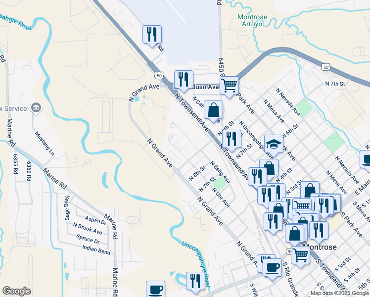 map of restaurants, bars, coffee shops, grocery stores, and more near 991 North Selig Avenue in Montrose