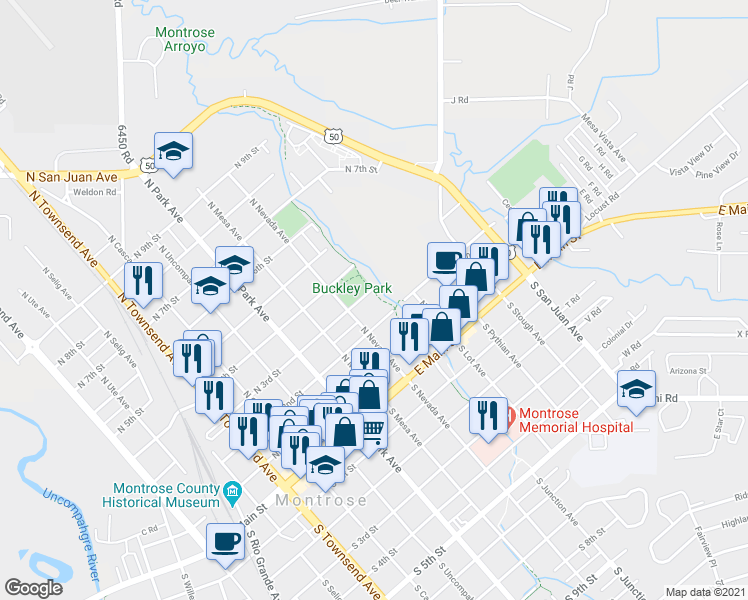 map of restaurants, bars, coffee shops, grocery stores, and more near 838 North 3rd Street in Montrose