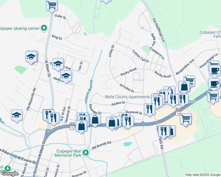 map of restaurants, bars, coffee shops, grocery stores, and more near 668 Rocky Knoll Arch in Culpeper
