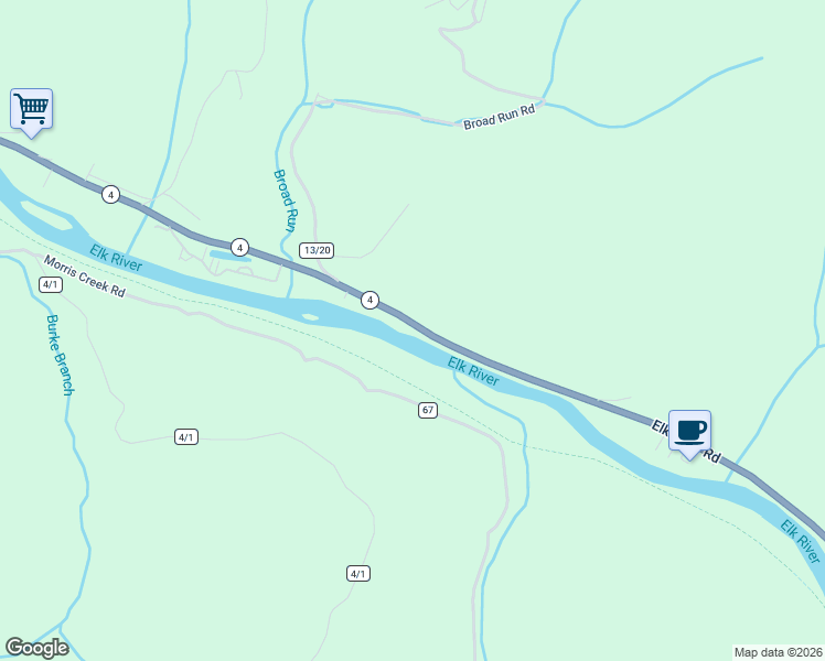 map of restaurants, bars, coffee shops, grocery stores, and more near 10710 Elk River Road South in Clendenin