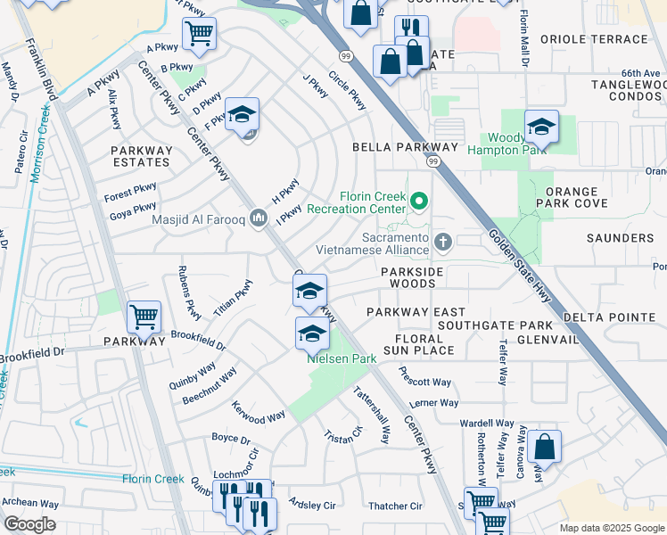 map of restaurants, bars, coffee shops, grocery stores, and more near 4815 L Parkway in Sacramento