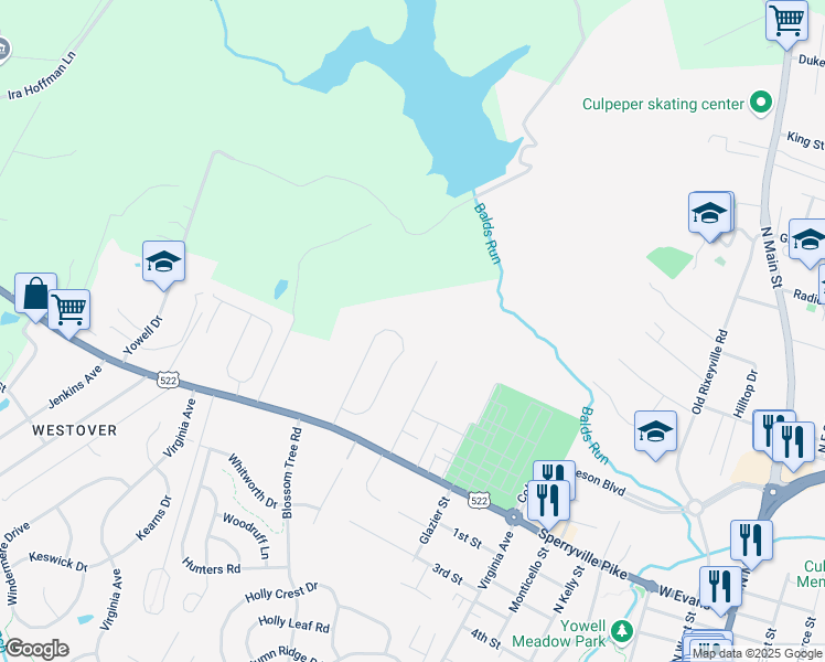 map of restaurants, bars, coffee shops, grocery stores, and more near 966 Riverdale Circle in Culpeper